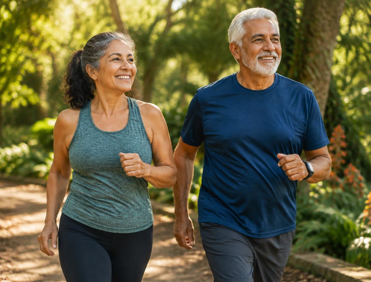 Casal com mais de 50 anos caminhando em um parque