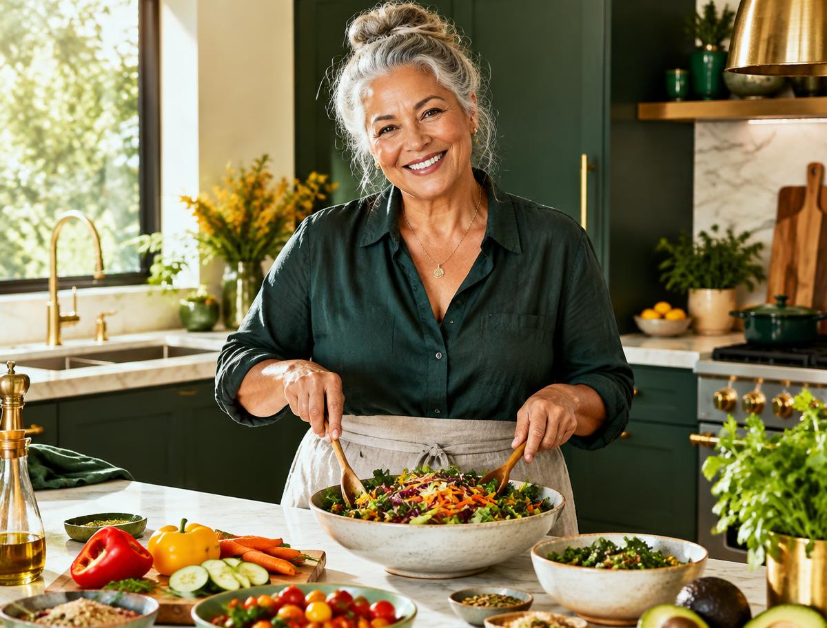 Mulher com mais de 50 anos preparando uma refeição saudável
